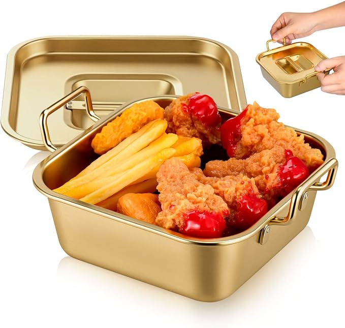 NUOBESTY Gold Korean Ramen Pot with Lid & Handles, 40 oz Stainless Steel Square Noodle Bowl Versatile Individual Serving Tray for French Fries, Fried Chicken, Tiramisu & Party Buffet, 6.3 Inch