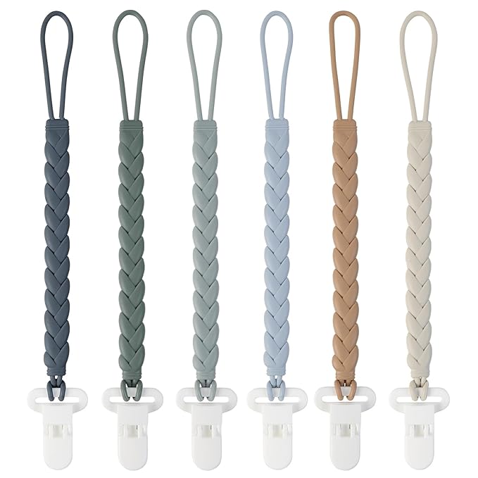 6-Pack Silicone Pacifier Clips with a Woven Rope Shape for Baby Boys and Girls - Flexible and Rust-Free Holders for Teething Relief and Baby Essentials, Safe for Newborns (Grey)