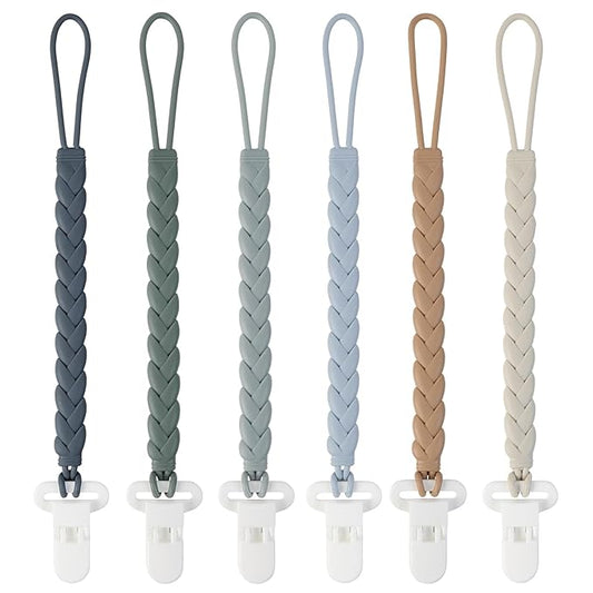 6-Pack Silicone Pacifier Clips with a Woven Rope Shape for Baby Boys and Girls - Flexible and Rust-Free Holders for Teething Relief and Baby Essentials, Safe for Newborns (Grey)