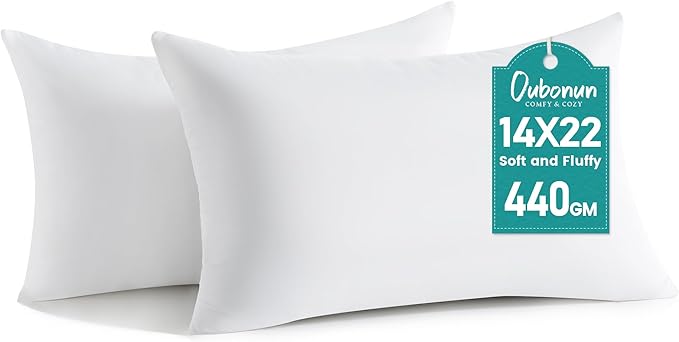 Oubonun 14 x 22 Throw Pillow Inserts | Soft, Plush & Decorative Down Alternative Pillows for Couch Sofa Bed, Machine Washable - White, Pack of 2
