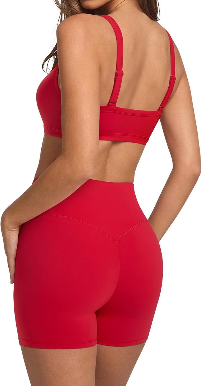 SUUKSESS Women Padded Workout Sets Adjustable Straps Sports Bra Tummy Control Biker Shorts