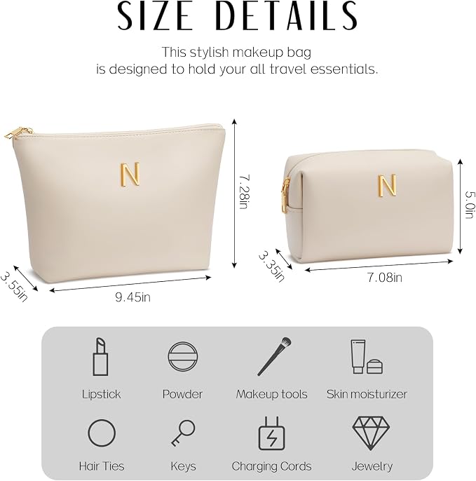 Women Gifts | Initial Makeup Bag for Girl Personalized Gifts for Bridesmaid Friend PU Leather Cosmetic Travel Toiletry Bag(Beige,N)