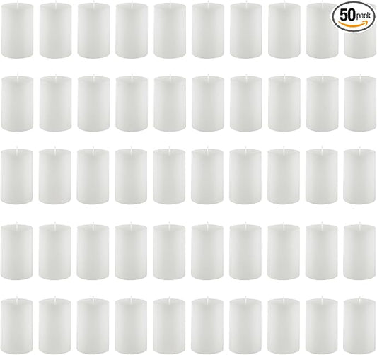 Housecret 50 Pack 2" D x 3" H White Unscented Pillar Votive Candles, Hand Poured Wax Candle (20 Hour Burn Time) Ideal Gifts for Weddings Birthdays Christmas Holidays Party