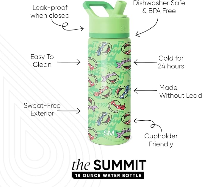 Simple Modern Kids Summit Water Bottle with Straw Lid | Teenage Mutant Ninja Turtles 18oz Stainless Steel Cup Insulated Tumbler for Boys, School | TMNT Mutant Ooze