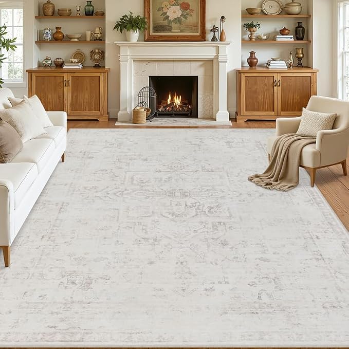 10x14 Area Rug for Living Room: Vintage Boho Neutral Washable Rug Indoor Soft Large Area Rug Carpet for Bedroom Nursery Farmhouse Dining Room Office Floor Non-Slip Low Pile Under Table Neutral Cream