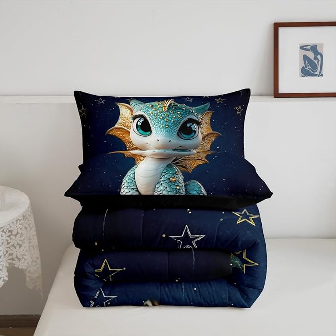 Feelyou Dragon Comforter Set King Size Dragon Stuff Comforter for Boys Girls Teens Wild Life Bedding Set Dragon Decor Duvet Set Room Decor Navy Blue Quilt Set