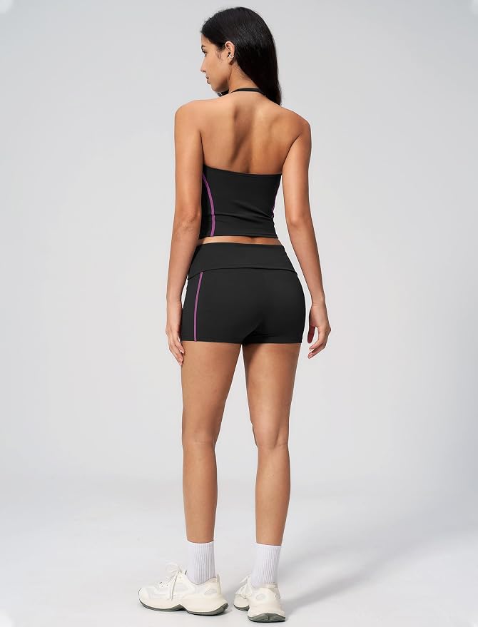 QBGJTD Women 2 Piece Workout Set Color Block Open Back Halter Top and High Waist Booty Lifting Shorts Yoga Outfit