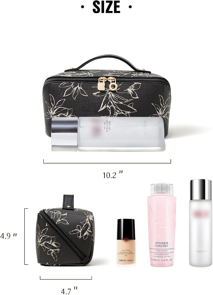 EACHY Travel Makeup Bag,Large Capacity Cosmetic Bags for Women,Waterproof Portable Pouch Open Flat Toiletry Bag Pattern Makeup Bag (F-Black-Large)