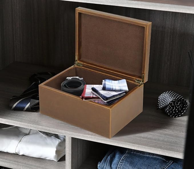 HofferRuffer Faux Leather Decorative Box, Large Wooden Structure Keepsake Box Accessory Organizer Jewelry Organizer with Hinged Lid, Storage Container for Home or Office (Brown)