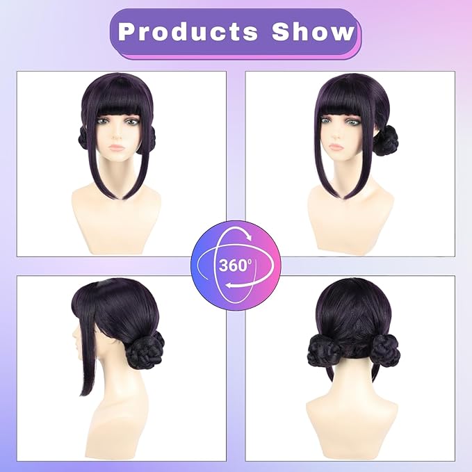 morvally Short Black Purple Wig with 2 Buns for Women Anime Cosplay Synthetic Hair Wigs for Halloween Costume Party (Black Purple, Adults)