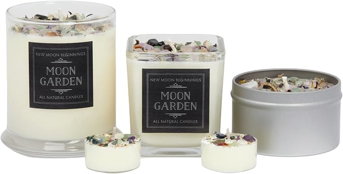 Moon Garden Candle by New Moon Beginnings - Soy Candle - All Natural Aromatherapy Crystal Candles - Intention Candle - Manifestation Candle - 12 oz Glass Jar