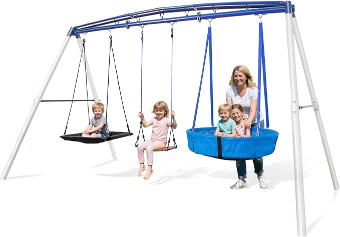 3-in-1 Heavy Duty Metal Swing Set for Backyard, A-Frame Outdoor Playset with Platform Swing, Toddler Barrel & Square Swings, 800lb Kids Playset