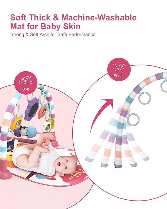 dearlomum Baby Play Mat Gym,Funny Play Piano Interactive Baby Activity Mat with 5 Infant Sensory Toys & 4 Wrist Rattle Socks, Boy & Girl Gifts for Newborn 0 to 3 6 9 12 Months(Pink)
