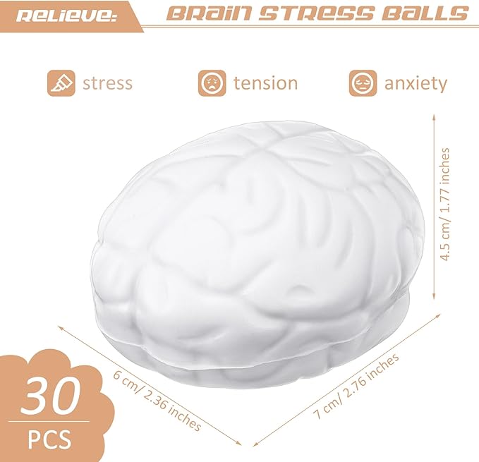 Jenaai Brain Stress Ball Halloween Squeeze Toy 2.76 Inch PU Hand Muscle Exercise Pressure Ball Funny Stress Relief Toy for Adults Improving Grip Strength Release Pressure(White)