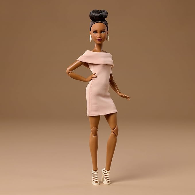 Barbie Basics Model Collector Fashion Doll 08 with Brunette Hair in Tan Dress & Strappy Heels, Universal-fit Fashions & Posable Body