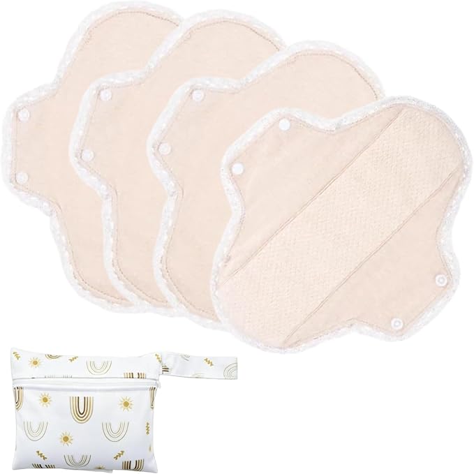 Reusable Incontinence Pads,Organic Cotton Pads Sanitary Napkins,Lace Trim Washable Menstrual Pads,with 1 Storage Bag,Panty Liners Pads Period/Incontinence/Postpartum.(Skin Color/M/4pcs)