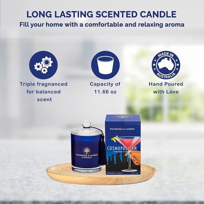 Luxury Cosmopolitan Soy Wax Candle - Hand Poured in Australia, 11.66 oz Glass Jar Fancy Candle, Strong Scented, Non-Toxic, Long Lasting 60 Hour Burn, Refreshing Natural Citrus Candle Gift