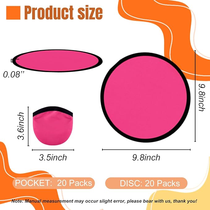 20PCS Foldable Flying Disc Fans with Bags, 9.8'' DIY Handheld Black Egde Fabric Folding Fan for Outdoor Game Activities Birthday Party Favors Gifts, Magenta