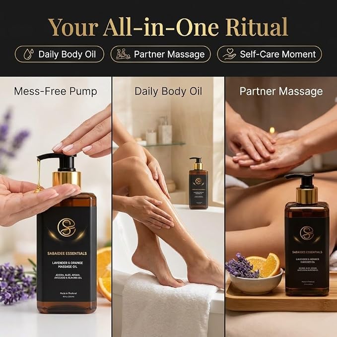 Aromatherapy Massage Oil - Lavender & Orange Thai Body Oil for Massage Therapy - Relaxing Scented Body Massage Oil with Jojoba, Argan, Aloe, Avocado & Almond, Large 10 Fl Oz