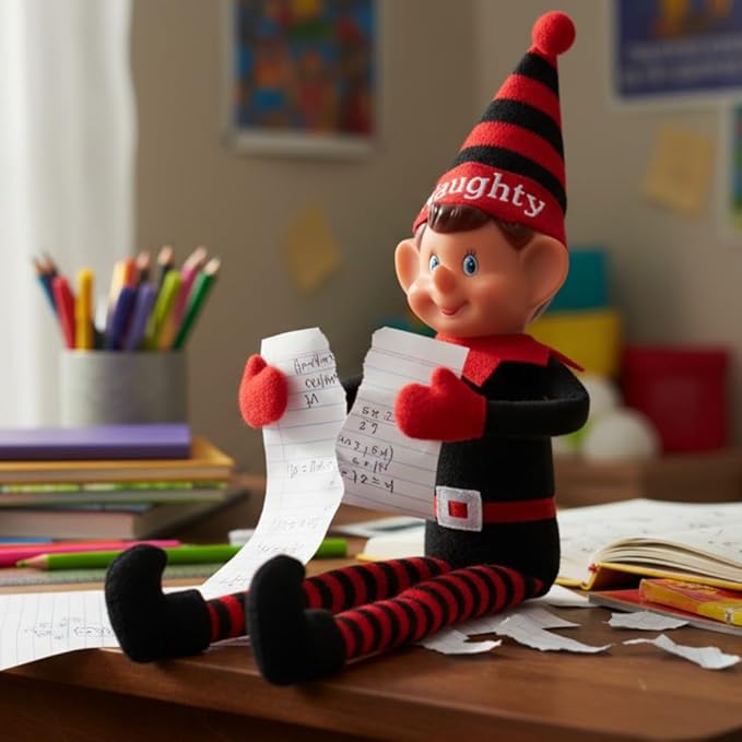 Toyland®️ Elves with Attitude 35cm (14") Red & Black 'Naughty' Elf Soft Toy - Knitted Hat & Legs - Vinyl Cheeky Face & Stick Together Hands - Festive Fun for All!