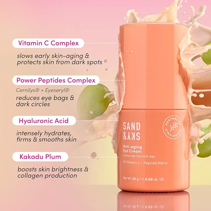 Sand & Sky Vitamin C Eye Cream Under Eye Patches Dark Circles Treatment - Peptides Hyaluronic Acid Eye Cream Anti Aging Under Eye Brightener, Eye Cream for Puffiness and Bags