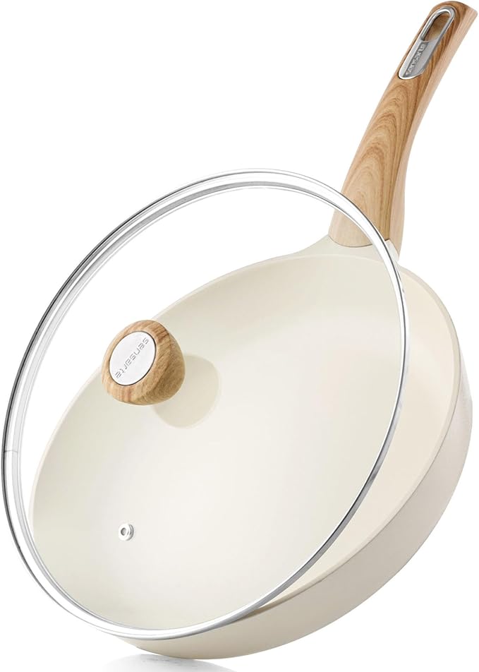 SENSARTE 11inch Ceramic Nonstick Frying Pan Skillet with Lid, White | Non Stick Omelet Pans, Non-toxic Healthy Kitchen Cooking Chefs Pan, PFOA/PFAS/PTFE Free, Induction Compatible
