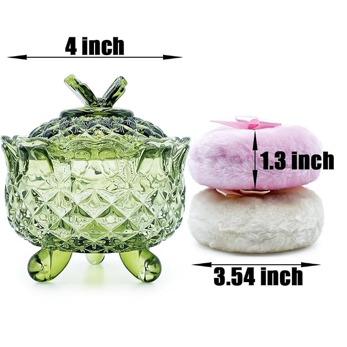 Luxury 4 Inch Glass Powder Container with 2 Soft 3.5" Puffs｜Non-Sealed Refillable Organizer for Body Powder, Makeup & Jewelry｜Setting Powder Applicator w/Loose Powder Storage(Butterfly-Olive Greenl)