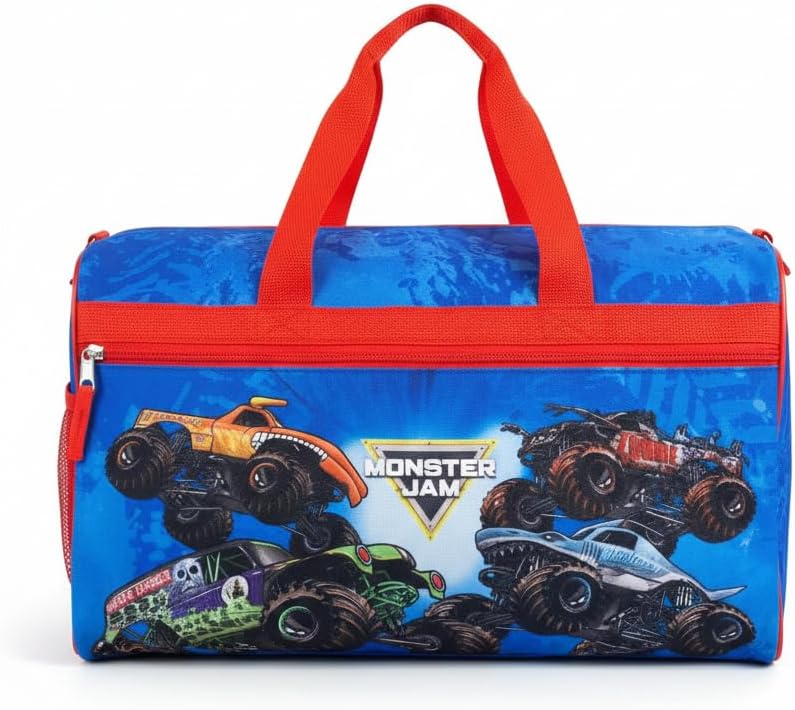 Monster Jam Kids’ Duffle Bag – Truck-Themed Travel Gym Bag with Adjustable Shoulder Strap, Mesh Side Pockets & Zipper Pocket