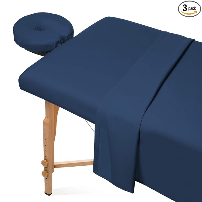 Saloniture 3-Piece Microfiber Massage Table Sheet Set - Premium Facial Bed Cover - Includes Flat and Fitted Sheets with Face Cradle Cover - Navy Blue