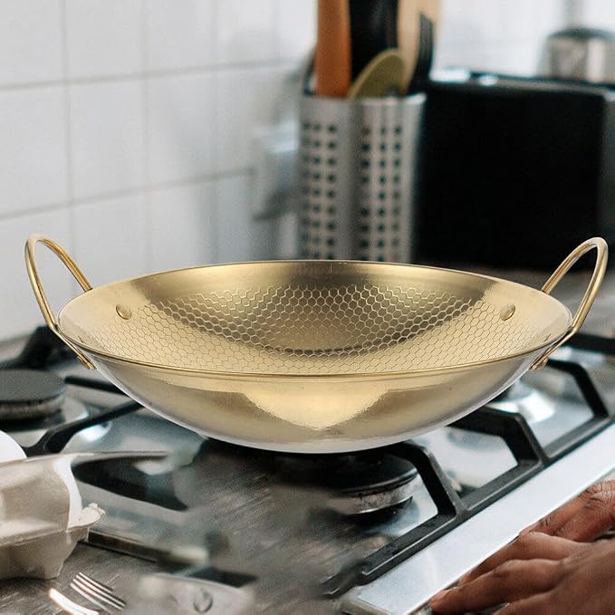Cabilock Cooking Pan Chinese Wok Pan Lid Stainless Steel Wok Light Weight Easy to Use Korean Pot Double Handle Non-slip Camping Home Kitchen