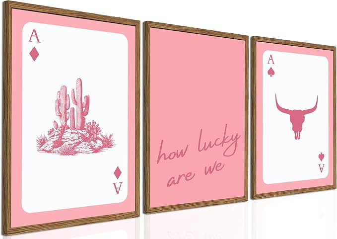 Pink Western Wall Art, How Lucky are We Wall Decor Picture Southwestern Cowgirl Playing Card Poster Canvas Print Bull Skull Painting Artwork for Bedroom Living Room 16x24 inch Wood Framed