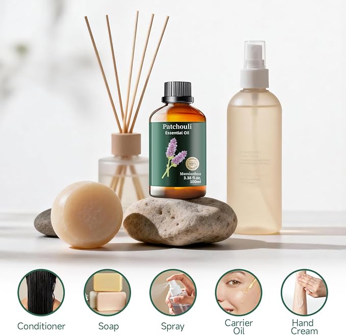 Patchouli Essential Oil, Earthy Scent, Outdoor & DIY, 3.38 Fl Oz | Mumianhua Patchouli Oil, Steam-Distilled. Musky-Earthy Aroma. For Outdoor Spray, Skin, Hair, Perfume & Soap Making