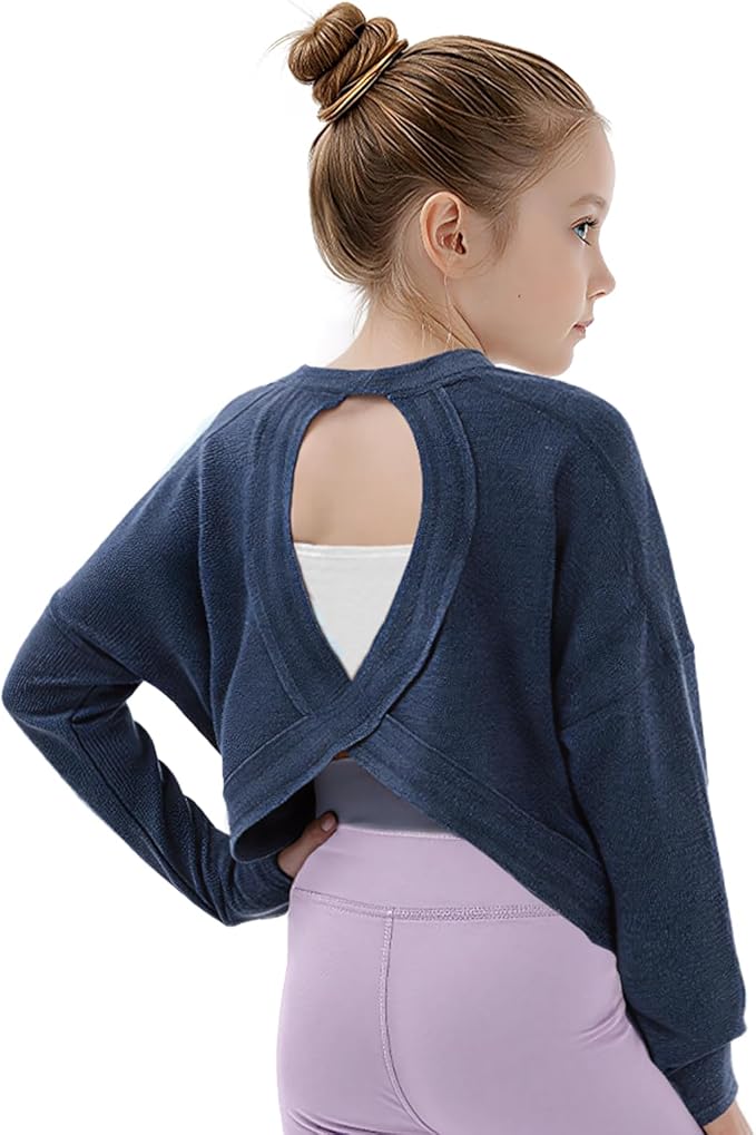 Gogokids Girls Shirts Long Sleeve Athletic Shirts Open Back Tops Active Sports Tshirts Yoga Workout Crop Tees 5-14 Years