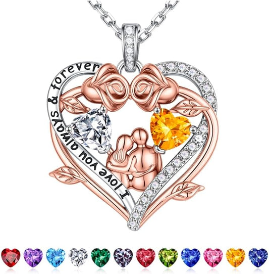Iefil Valentines Gifts for Her Wife - 925 Sterling Silver Double Heart Birthstone Necklace, Anniversary Birthday Gifts for Women Wife Girlfriend