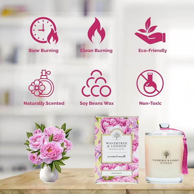 Wavertree & London Organic Pink Peony Scent Soy Wax Candle | Non Toxic 100% Cotton Wick Triple Scented Pure Natural Soy Wax Candles, Hand Poured in Australia | 60 Hours Burning Time, 11.66 Oz
