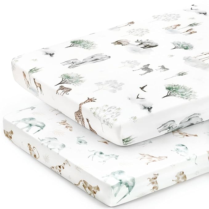 Stretchy Ultra Soft Jersey Knit Fitted Pack n Play Sheets Set 2 Pack, Portable/Mini Crib Sheets for Boys and Girls, Stylish Playard Sheets Fitted Safe and Snug, African Savannah Animals Pattern