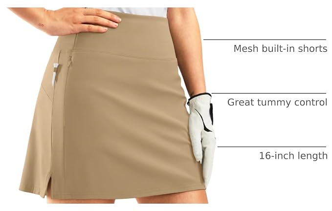 16" Golf Skirt with 2 Zipper Pockets | Tee Holder, Mesh Shorts, High Waisted, Casual, Pickleball, Athletic, Tennis, Skorts for Women