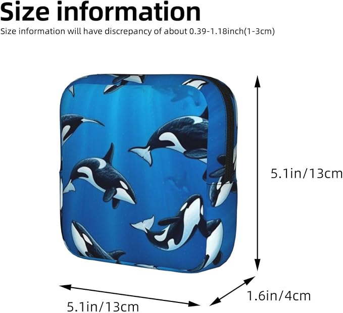 Portable Menstrual Organizer Bag Killer Whales Orcas Ocean Sea Animals, Polyester Feminine Product Pouch, Compact for Purse Outdoor Travel Gifts