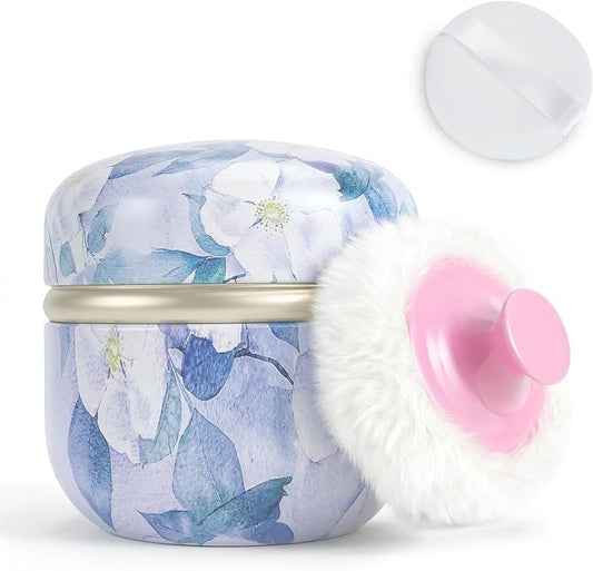 SHIMIDO Body Powder Puff and Container, 3.15" Portable Empty Powder Case Box with Lids for Baby, Women's, Travel and Home Use (Purple Flowers)