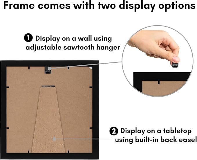 Americanflat 9x9 Picture Frame - Matted to 6x6 - Engineered Wood - Black | Shatter-resistant glass, wall or tabletop display with included easel, sawtooth hangers included, use with or without mat