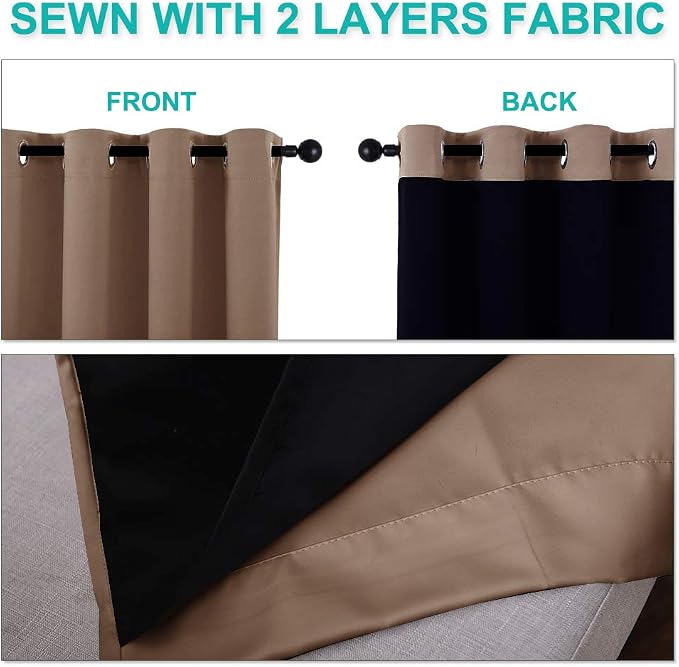 NICETOWN 100% Blackout Curtains Thermal, Noise Reduction and Privacy Curtains for Patio Door, Black Lined Blackout Drapes with Grommet Top, Cappuccino, 1 Pair, W37 x L70