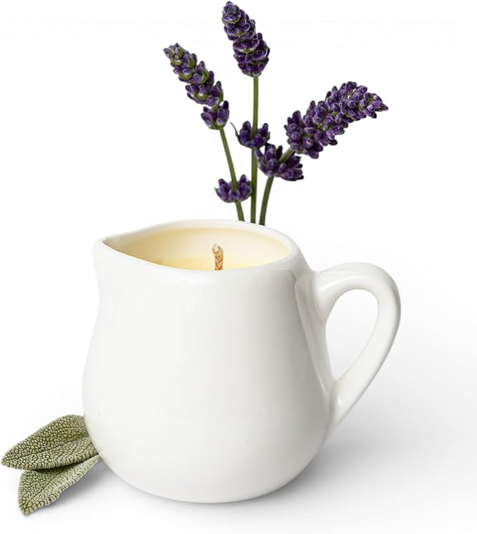 Massage Candle Lavender & Sage – Warm Body Oil Candle with Natural Butters – Sensory Self-Care & Skin Moisturizing – 2.6 Oz White Carafe with Handle – Second Life Mutual Mas(sage)