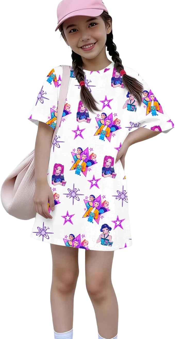 Girl's Anime K-POP Graphic Long Dress T-Shirt - Casual Loose Fit Short Sleeve Top
