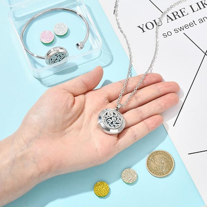 SUNNYCLUE 1Pc Essential Oil Necklace 1Pc Essential Oil Diffuser Bracelet with 10Pcs Refill Pads Cloud Stainless Steel Cuff Bangle Diffuser Locket Necklaces Aromatherapy Jewelry for Women Gifts