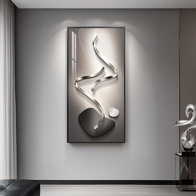 Large Framed Modern Abstract Vertical Wall Art for Living Room, Black Grey Prints Paintings Artwork for Walls, Silver Gray Luxury Pictures for Hallway Entryway Foyer Stair Office Wall Decor 30x60 Inch