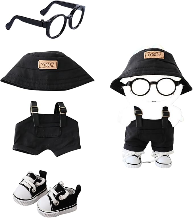 Clothes for Dolls Accessories, Stylish Kawaii Overalls Outfit Set 4 Pieces Bib Pants for 15cm 17cm Dolls, Cute Doll Hat Shoes Clothing Set Replacement Black (No Doll)