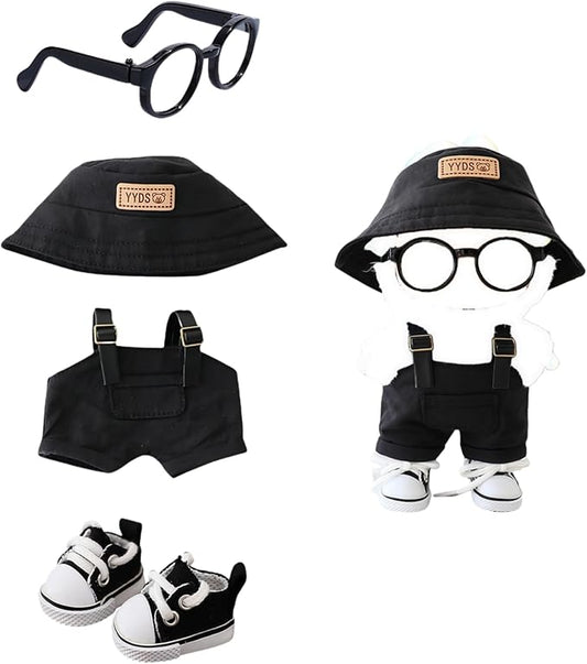 Clothes for Dolls Accessories, Stylish Kawaii Overalls Outfit Set 4 Pieces Bib Pants for 15cm 17cm Dolls, Cute Doll Hat Shoes Clothing Set Replacement Black (No Doll)