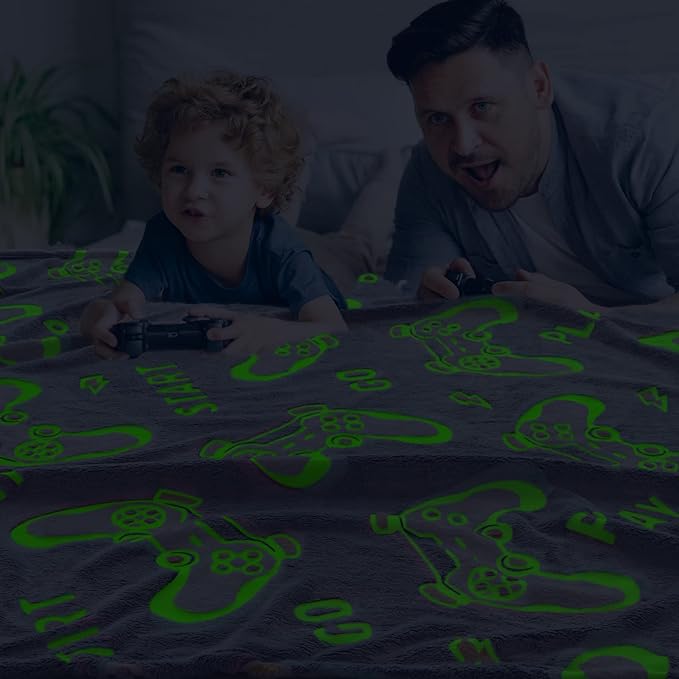 Gaming Blanket for Boys Teens Gamers, Gamer Gifts for Kids, Soft Cozy Video Game Throw Blanket for Bed Sofa Bedroom, Easter Birthday Gifts for 6-12 Year Old Boys, Glow in The Dark, Gaming Room Decor
