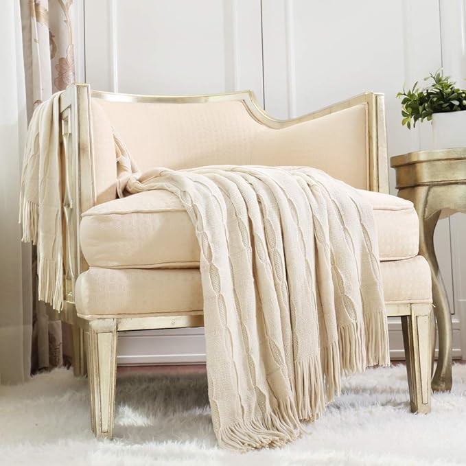 CREVENT Home Decor Rustic Couch Sofa Chair Bed Throw Blanket, Soft Warm Cozy Light Weight for Travelling, Giftable for Christmas(50''X60'' Beige/Ivory)