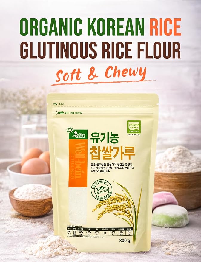 Nice Witch’s Organic Glutinous Rice Flour, 100% Sticky rice flour, Organic Sweet Rice Flour for Mochi, Rice Cakes & Baking, Product of Korea, 10.58 oz (300 g) 찹쌀가루